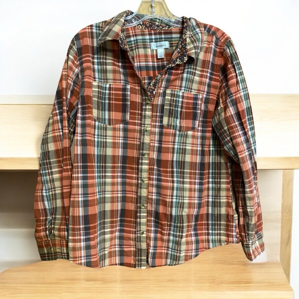 Dressbarn long sleeve  blouse plaid fall, autumn colors, orange green br…